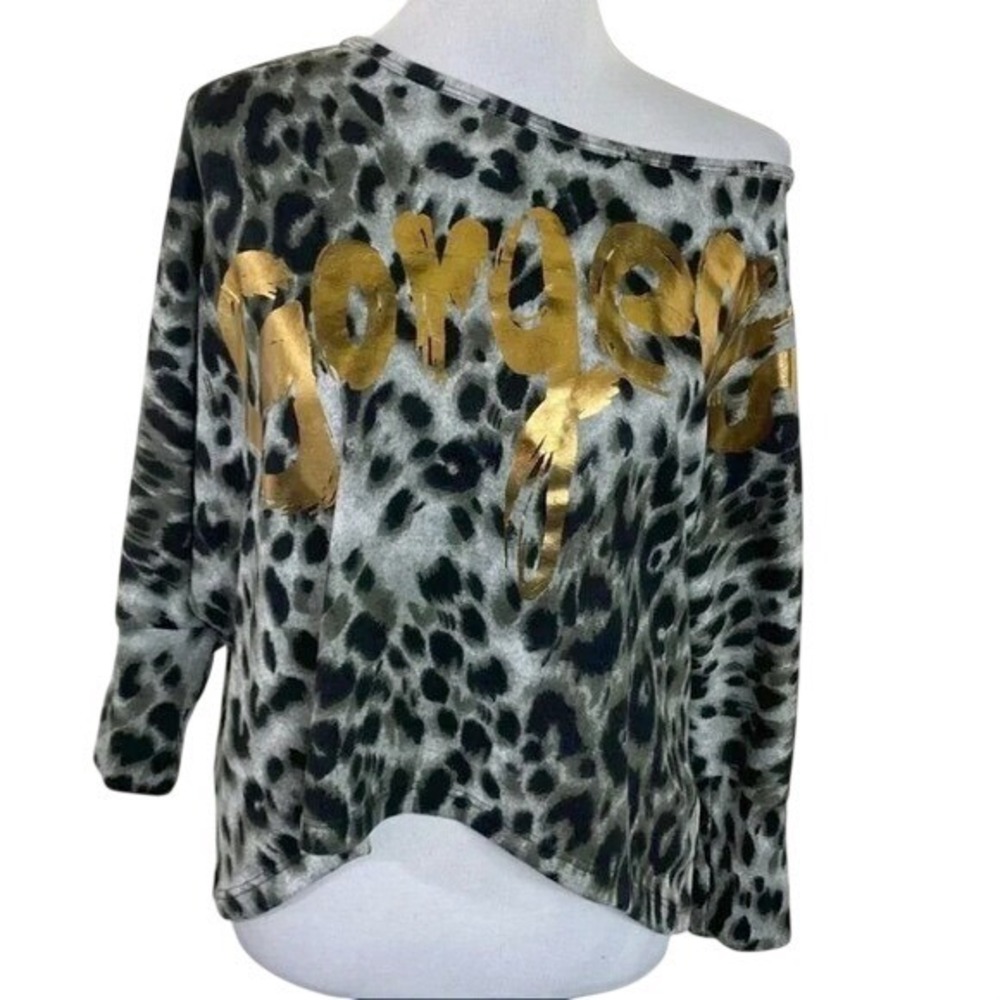 Voice‎ Leopard Print Gorgeous Gold Foil Top L Gray Black Dolman Sleeve USA Y2K